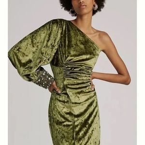 Nirmooha One-shoulder Velvet Mini Dress In Green Anthropologie size 4